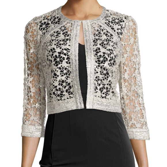 Kay Unger Silver Sequined Lace Cropped Jacket